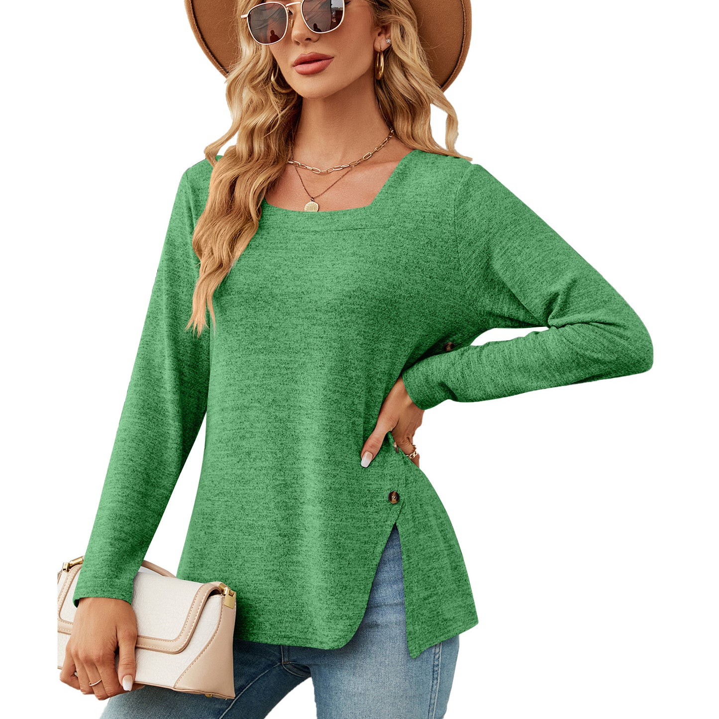 Autumn Winter Square Collar Button Slit Loose Long Sleeve T shirt Top Women