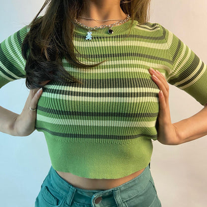 Summer Slim Fit Exposed Cropped round Neck T shirt Color Matching Design Stripes Knitted Underwear Top