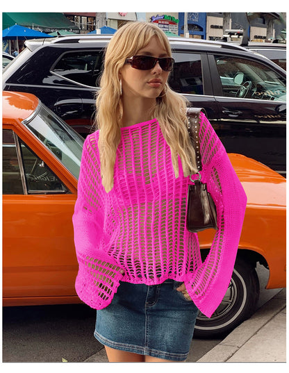 Long Sleeve Hollow Out Cutout Out Knitted Mesh Shirt Women Summer Thin Type Sunscreen Blouse Early Spring Top Outer Wear