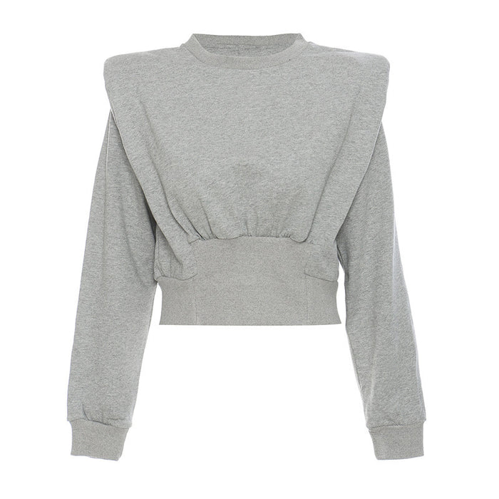 Personality Padded Shoulder Armor Short Long Sleeve Crew Neck Sweater Women