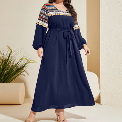 Plus Size Spring Autumn Retro Elegant Sequ Age Reducing Lace up Waist Controlled Maxi Dress