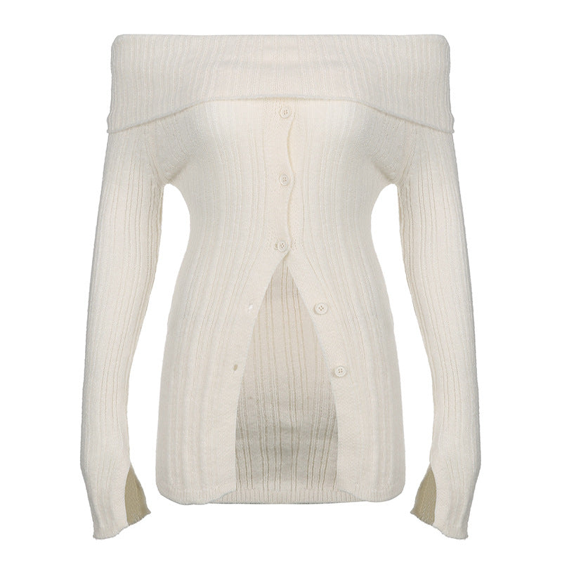 Sexy off-Shoulder Long-Sleeved Sweater Autumn Women  Sexy Slimming White Top Women