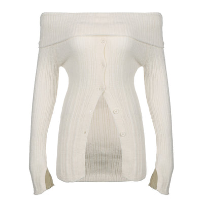 Sexy off-Shoulder Long-Sleeved Sweater Autumn Women  Sexy Slimming White Top Women