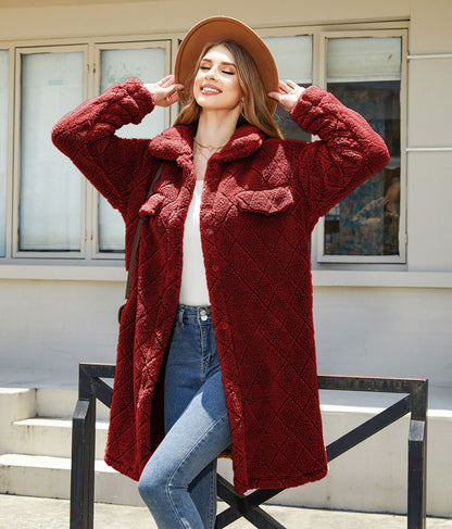 Autumn Winter Women Clothing Plush Loose Single Breasted Diamond Coat Overcoat