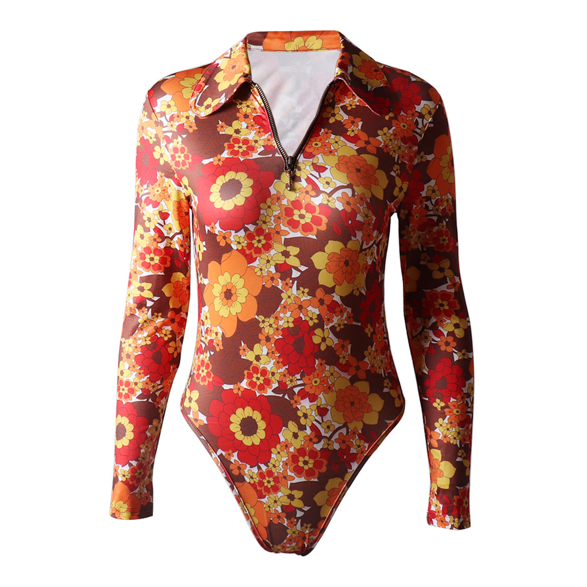 Women Clothing Tight Sexy Slimming Long Sleeve V-neck Printed Bodysuit Summer Bodysuit