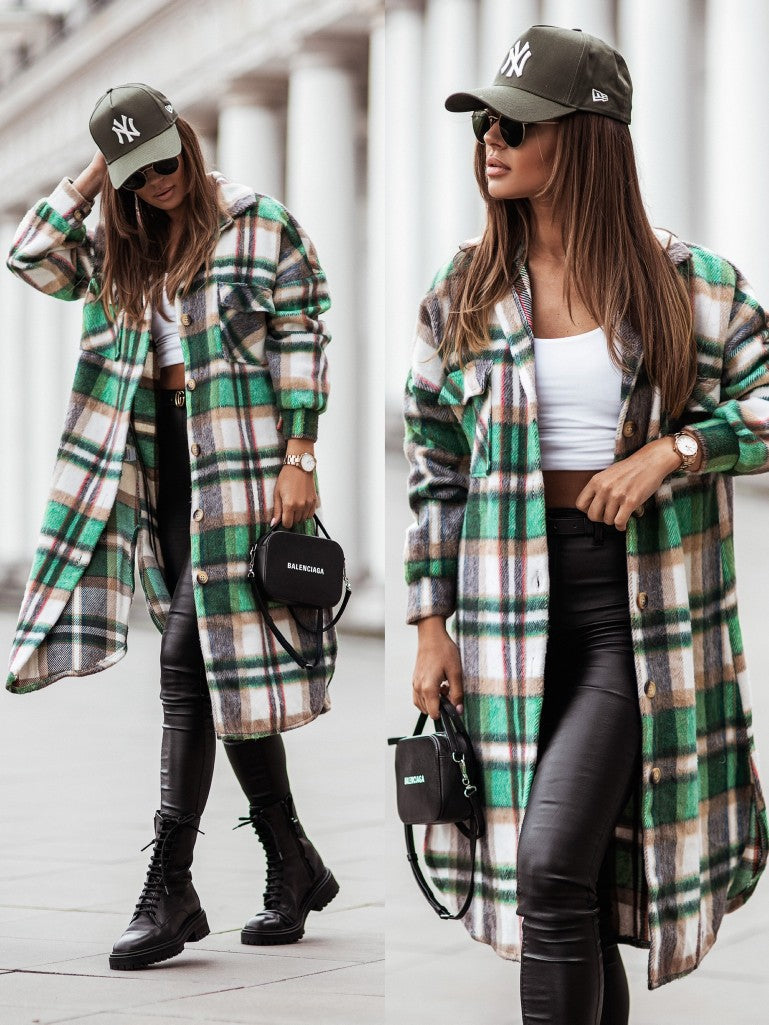 Autumn Winter Polo Collar Single-Breasted Long Sleeve Plaid Shacket Coat