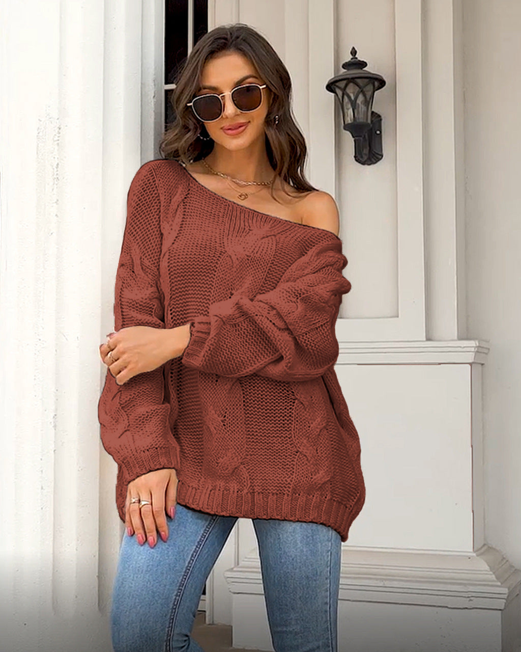 Women Autumn Winter Loose Sweater Round Neck Solid Color Pullover Sweater Women