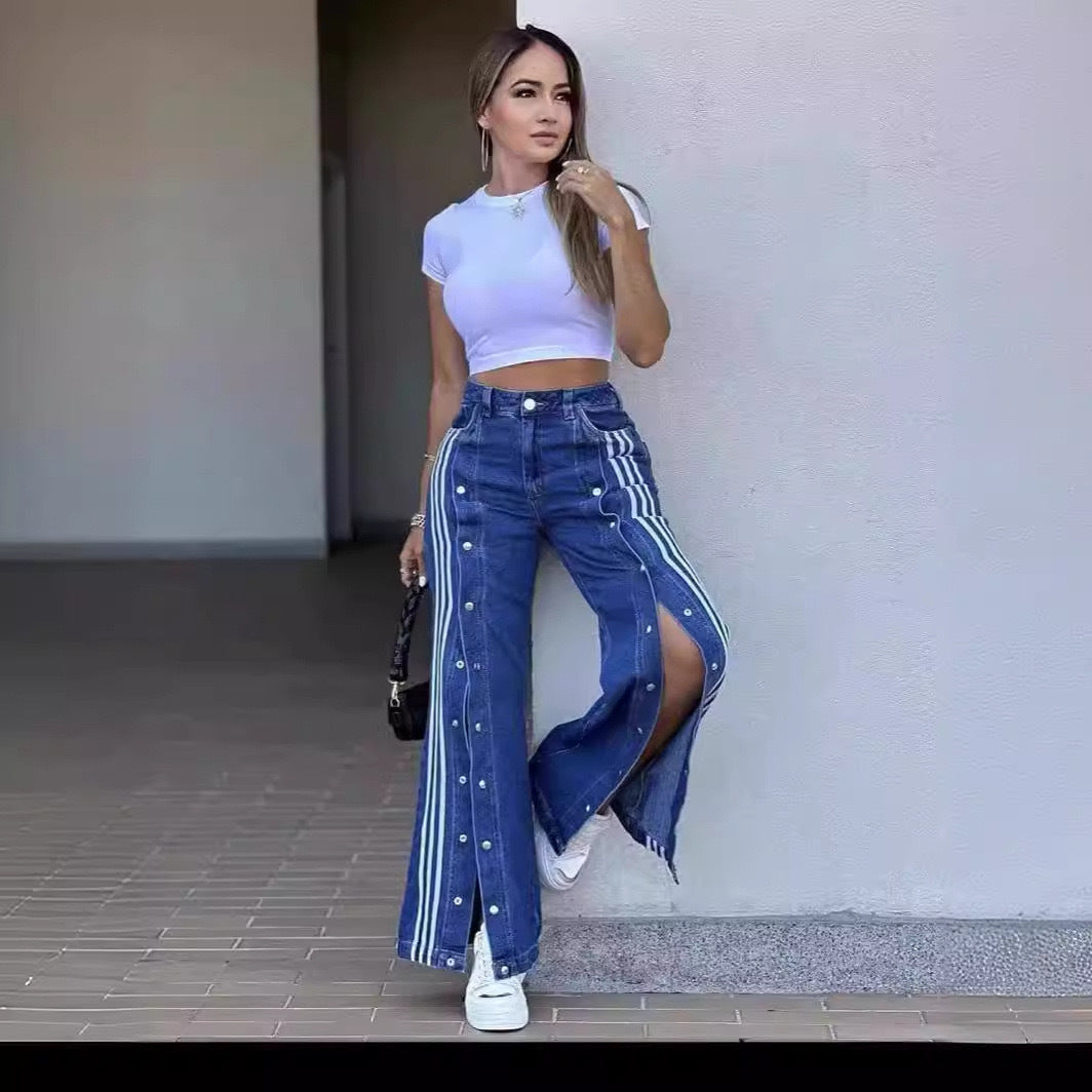 Denim With Three Stripes Wide Leg Loose Jeans Casual Elastic Straight Trousers