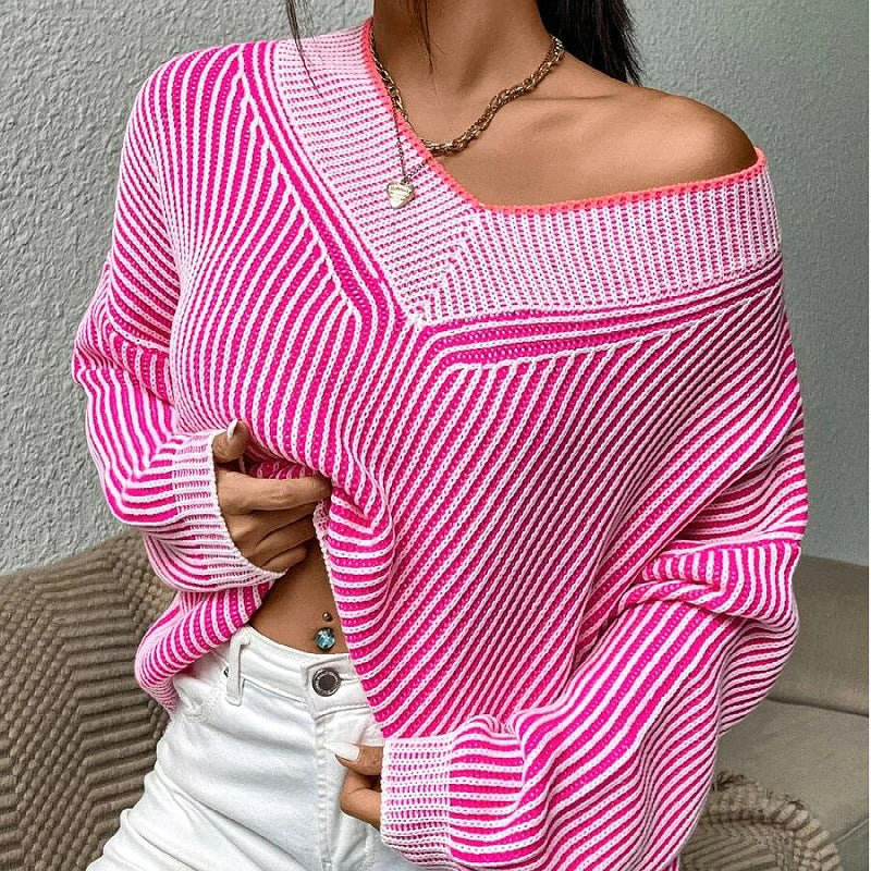 Autumn Winter V Neck Loose Slimming Batwing Sleeves Sweater Striped Contrast Color Pullover Sweater Top