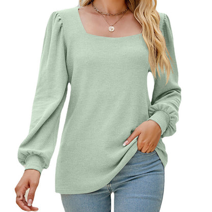 Women Clothing U Collar Pleated Puff Sleeve Top Loose Casual Solid Color T shirt