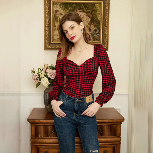 Autumn Winter Slim Fit Slimming Houndstooth Top Women