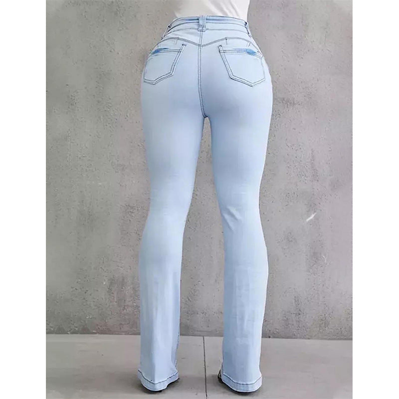 Women Clothing Hip Raise High Waist Slim Flared Jeans