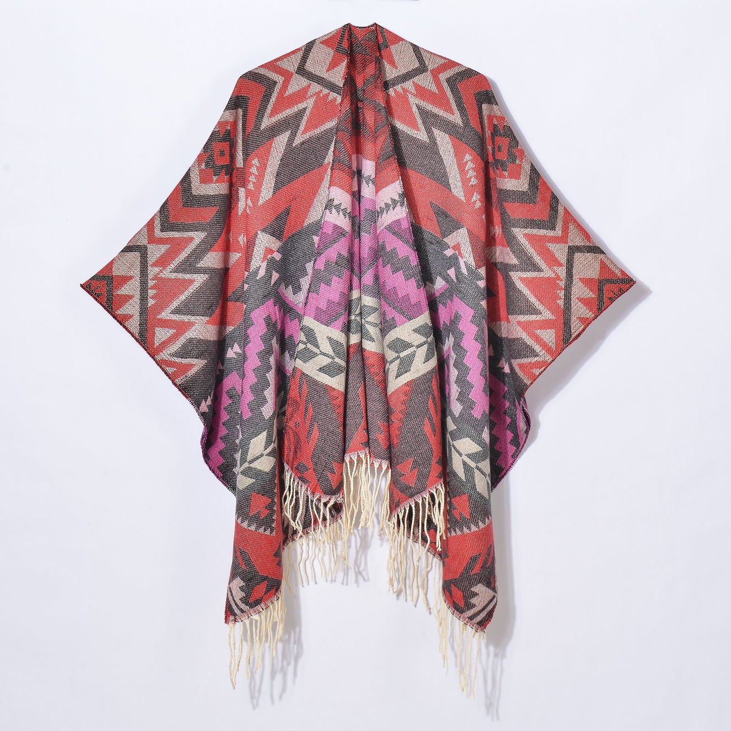 Geometric Abstract Wave Tassel Split Talma Internet Celebrity Cardigan Cloak Ladies Travel Photography Outerwear