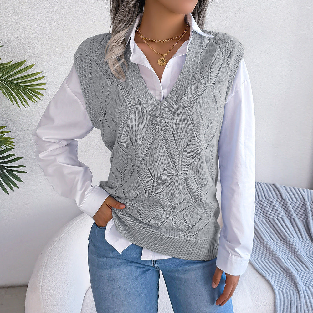 Autumn Winter Street Hollow Out Cutout Diamond V neck Knitted Vest Sweater Women Clothing
