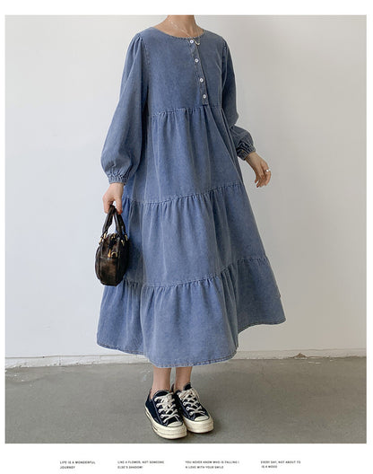 Women Clothing Japanese Korean Loose Denim Dress Long below the Knee Casual All Match Shirt Dress