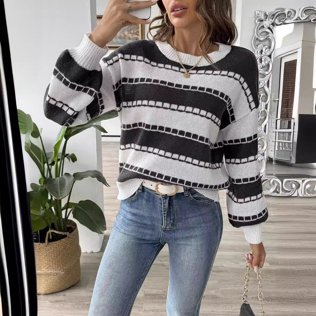 Women Sweater Bottoming Shirt Women Clothing Color Contrast Patchwork Striped Color Matching Casual Pullover