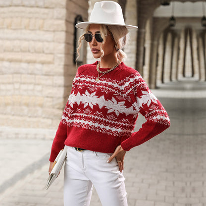 Autumn Winter Women Clothing Trendy round Neck Red Knitted Christmas Snowflake Sweater