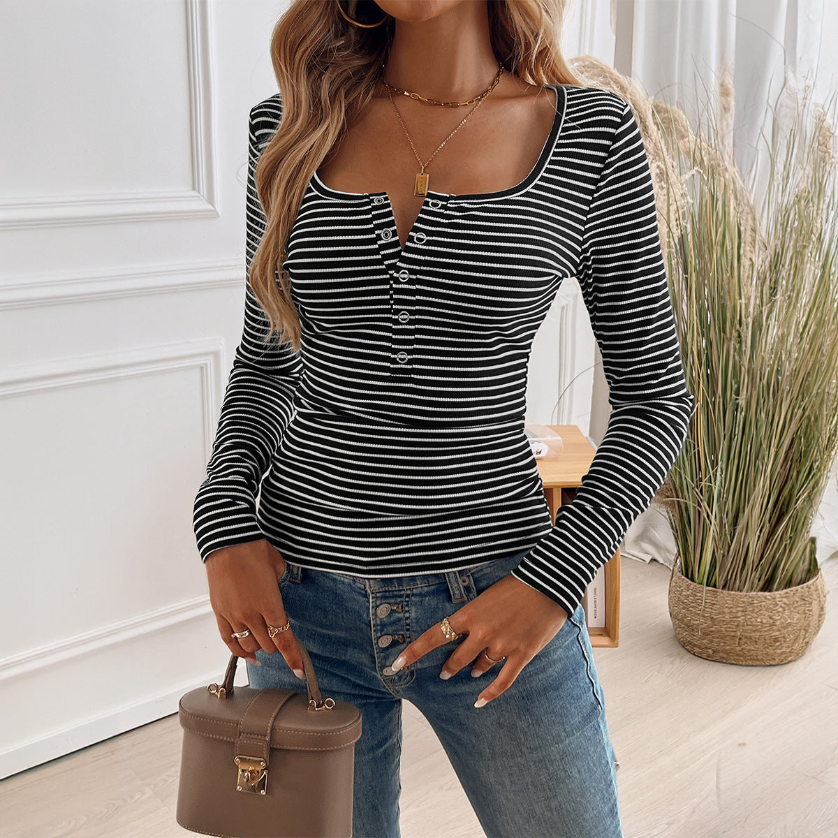 Autumn Winter Women Clothing Elegant Slim U Neck Button Striped Long Sleeved Top T Shirt