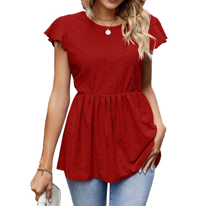 Summer Pullover Hollow Out Loose Ruffled Sleeve T shirt Women