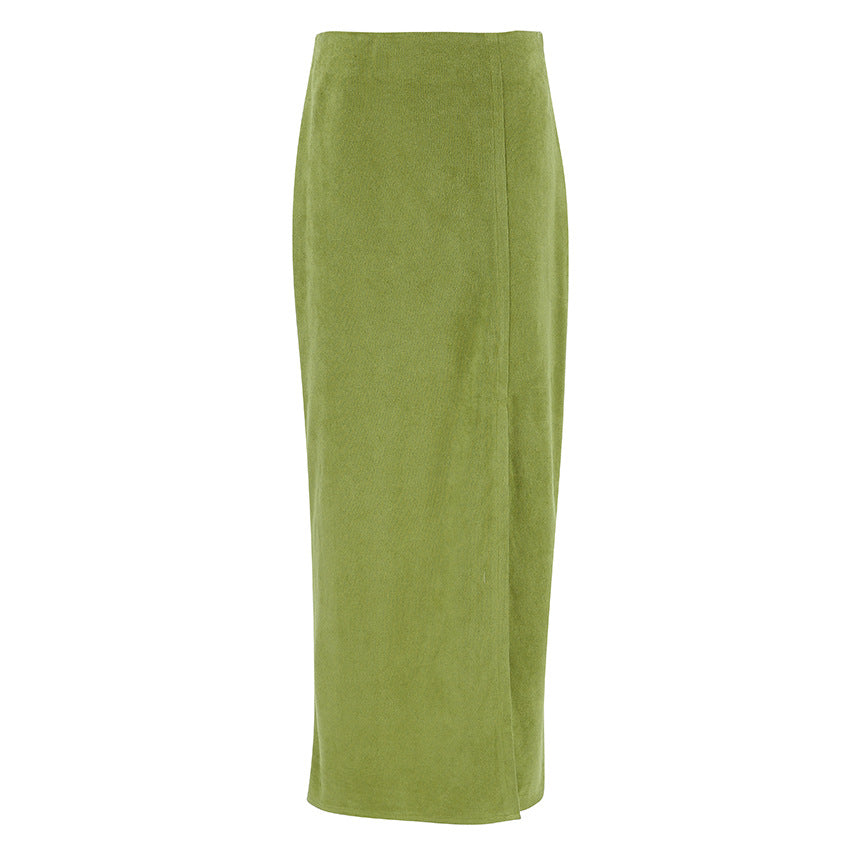 Retro Green Suede Split Straight High Waist Skirt Autumn Brushed Velvet Slim Fit Skirt