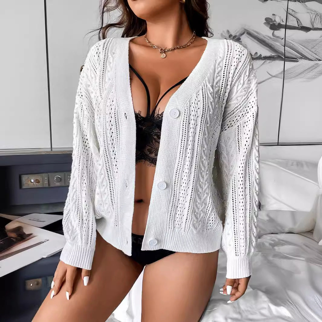 Sweater Coat Autumn White Knitted Fabric Cardigan Hollow Out Cutout Out See Through Women Clothing