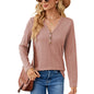 Autumn Winter Solid Color V neck Button Loose Long Sleeved T shirt Top Women Clothing Button