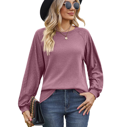 Autumn Winter Solid Color round Neck Stitching Loose Long Sleeve T shirt Top Women