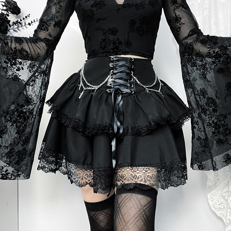 Summer Halloween Party Hipster Slim Chain Cross Double Layer Gothic Skirt Women