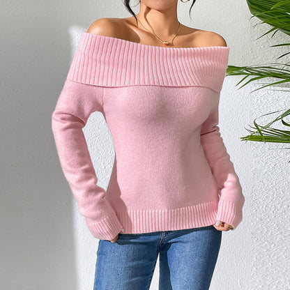 Women Clothing Slim Collared off Shoulder Sweater Sexy Knitted Sweater Solid Color Bottoming Sweater