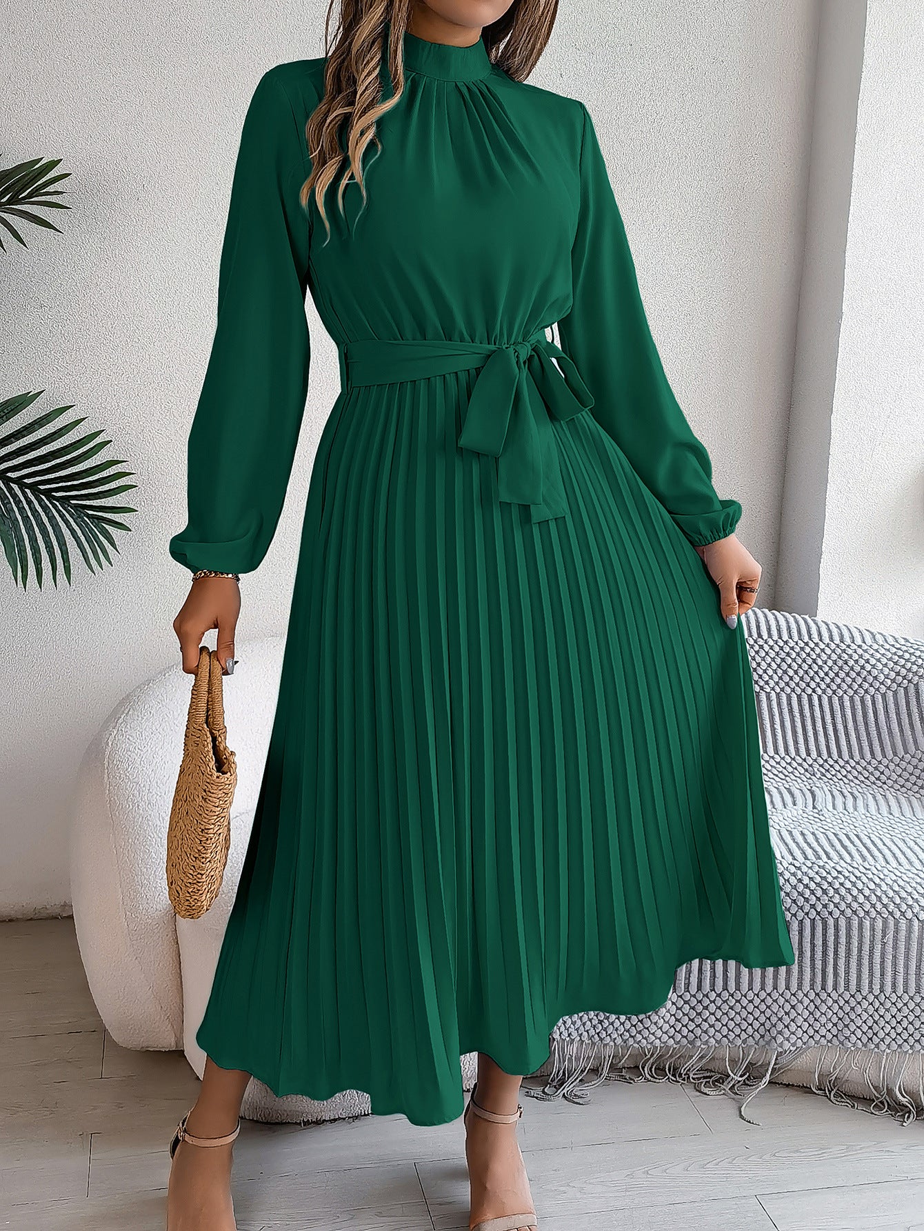 Autumn Winter Elegant Stand Collar Long Sleeve Cinched Pleated Maxi Dress Small Dress Women Clothing