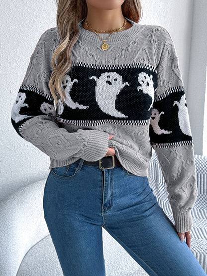 Autumn Winter Halloween Theme Ghost Contrast Color Knitted Long Sleeve Pullover Women Clothing