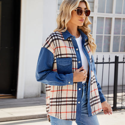 Women Clothing Washed Plaid Casual Denim Long Sleeve Coat Top