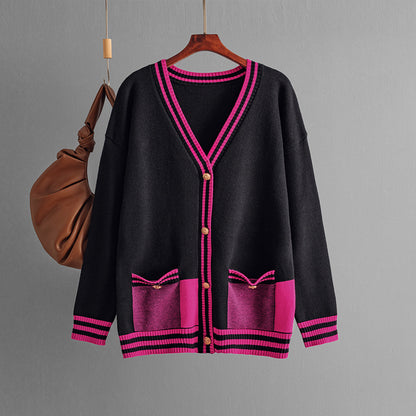 Autumn Winter Contrast Color Sweater Cardigan Coat Loose V Neck Mid Length Knitwear Top Women Clothing