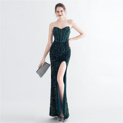 Colorful Sequin Lash Rope Chest Side Slit Tube Top Boning Corset Evening Dress