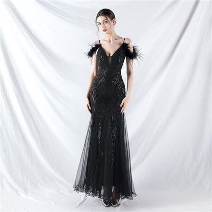 Color Craft Order Ostrich Feather Mesh Sequin Sexy Sling Dress Evening Dress