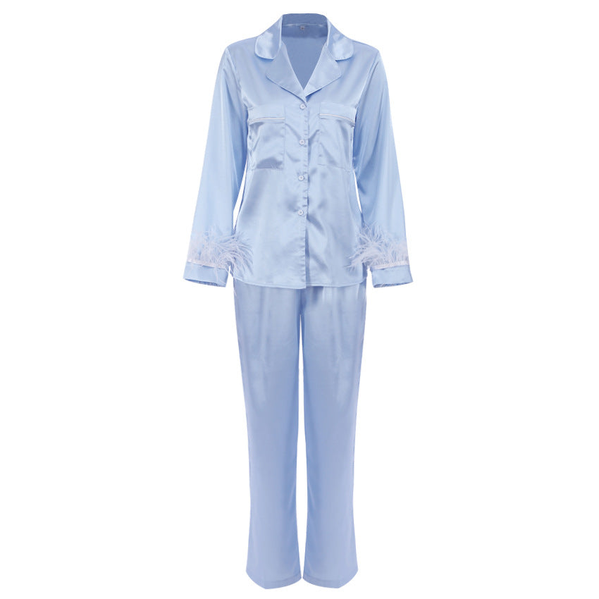 Fall Christmas Artificial Silk Blue Feather Detachable Long Sleeve Shorts Pajamas Women French Homewear