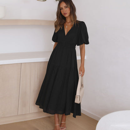 Summer Advanced Sense Vacation Deep V Plunge Puff Sleeve Dress Women