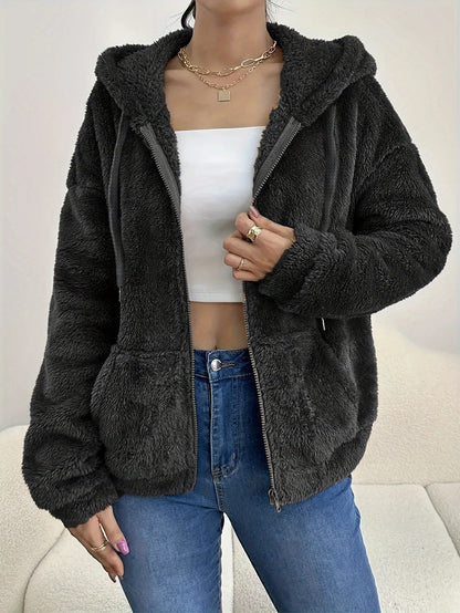 Autumn Winter All Match Solid Color Pocket Hooded Zip Cardigan Casual Loose Plush Coat