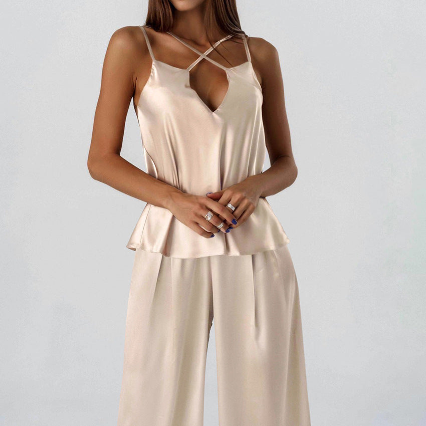 Summer Artificial Silk Sexy Cool Comfortable Pajamas Suspenders Trousers Solid Color Ladies Homewear