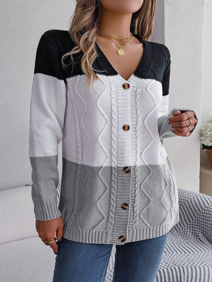 Autumn Winter Casual Contrast Color Button Long Sleeve Sweater Cardigan Coat Women Clothing