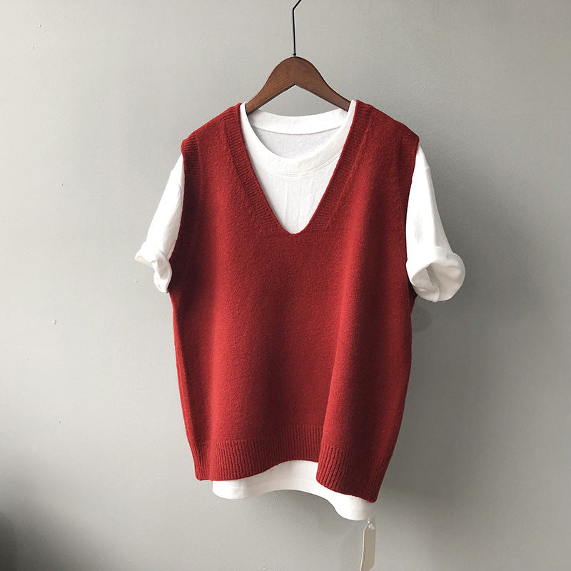 Knitted Vest Women Spring Preppy V neck Loose Idle Sleeveless Waistcoat