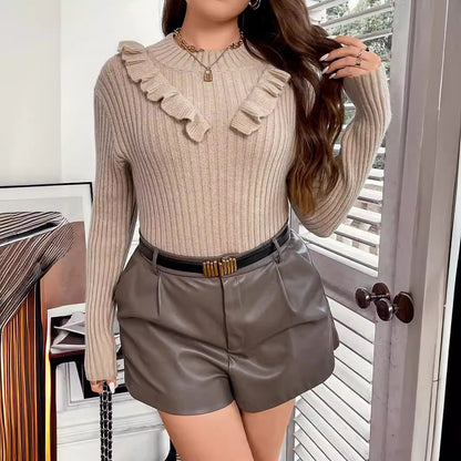 Sweater Autumn Winter Women Clothing Round Neck Sweater Striped Lace Collar Top