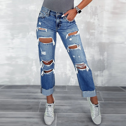 Women Ripped Jeans Pocket Slimming Straight Leg Pants Trousers