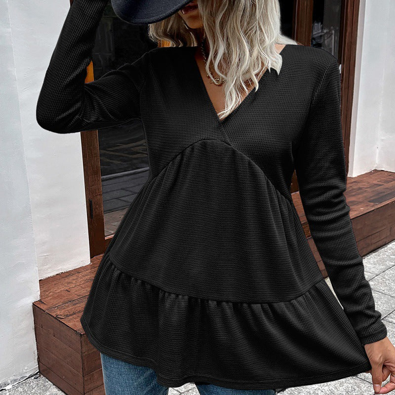 Women Clothing Loose Casual Mid Length T shirt Solid Color V neck Long Sleeve Tata Babydoll Top Women