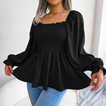 Spring Summer Casual Wooden Ear Square Collar Long Sleeve Chiffon Shirt Women Clothing