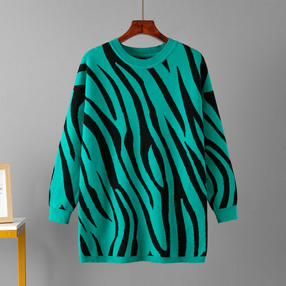 Autumn Winter Zebra Print Knitted Pullover Sweater Round Neck Sweater