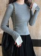 Cuff Patchwork Knitting Bottoming Shirt Women Design Slim Fit Inner Wear Flare Sleeve T Shirt Top