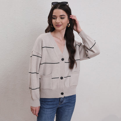 Women Clothing Women Striped V neck Knitted Button Cardigan Autumn Winter Casual Sweater Women