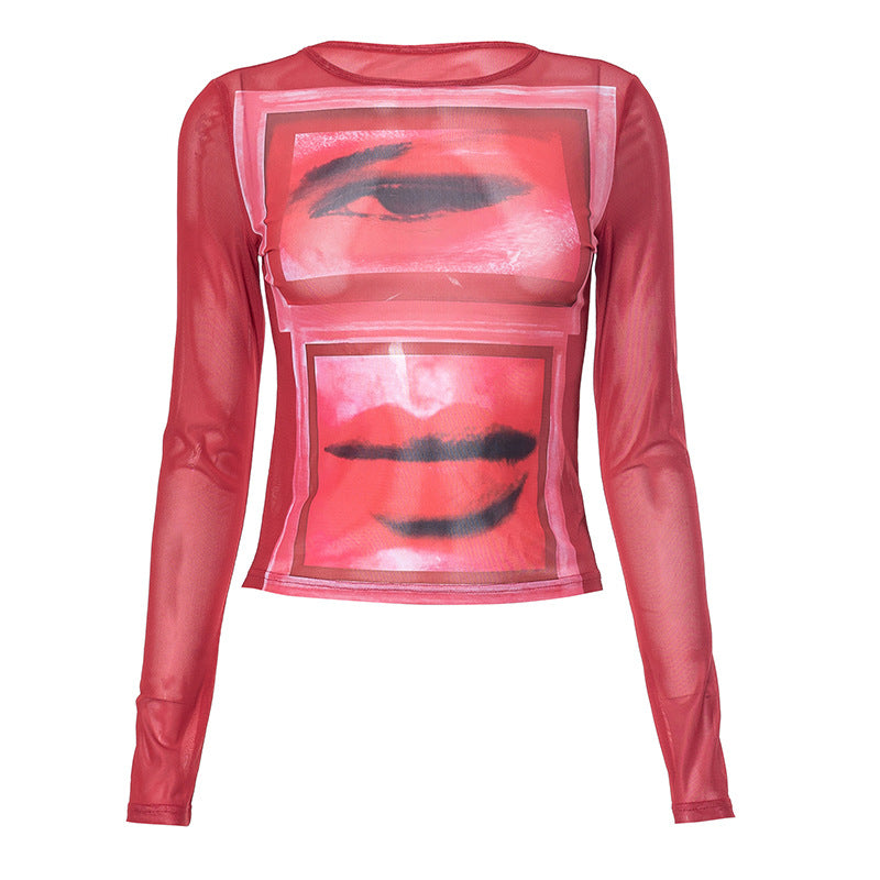 Retro Spicy Girl Printed See through Thin Pullover Round Neck Long Sleeves Skinny Slimming Top for Women Summer