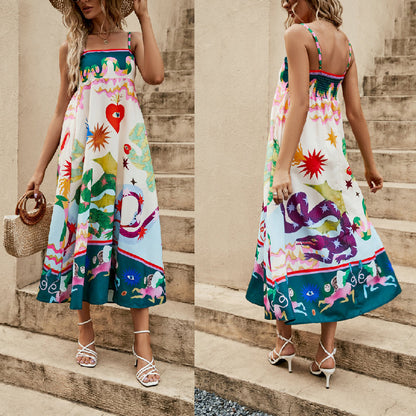 Casual Dress Women Clothing Spaghetti-Strap Floral Print Sleeveless Swing Dress Amplified craft